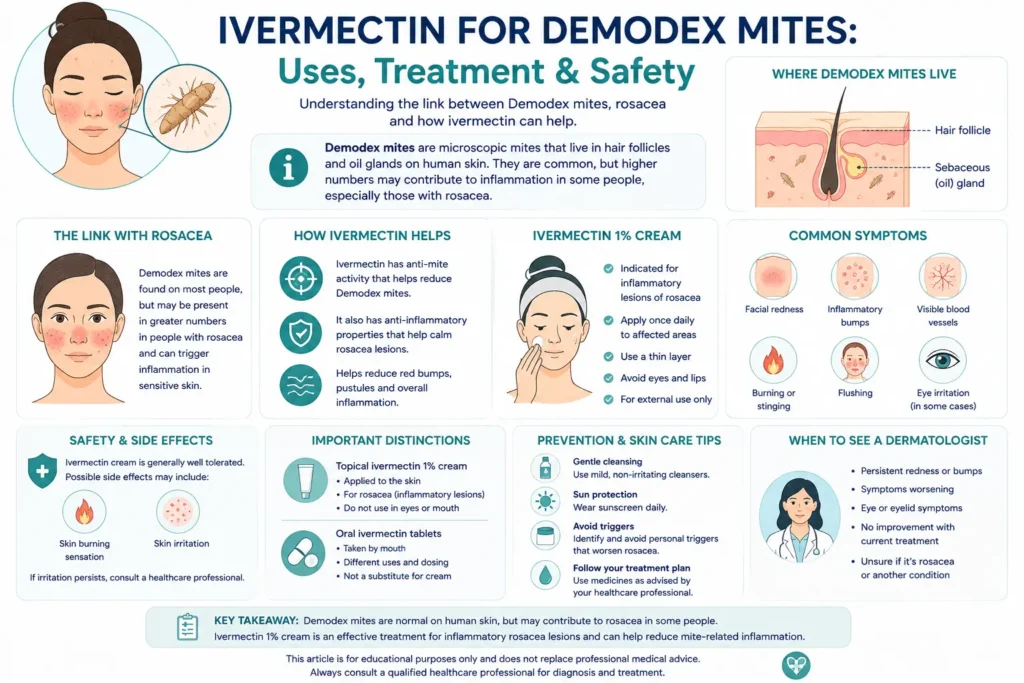 Ivermectin for Demodex mites infographic explaining the link with rosacea, ivermectin 1% cream, symptoms, safety, skincare and when to see a dermatologist