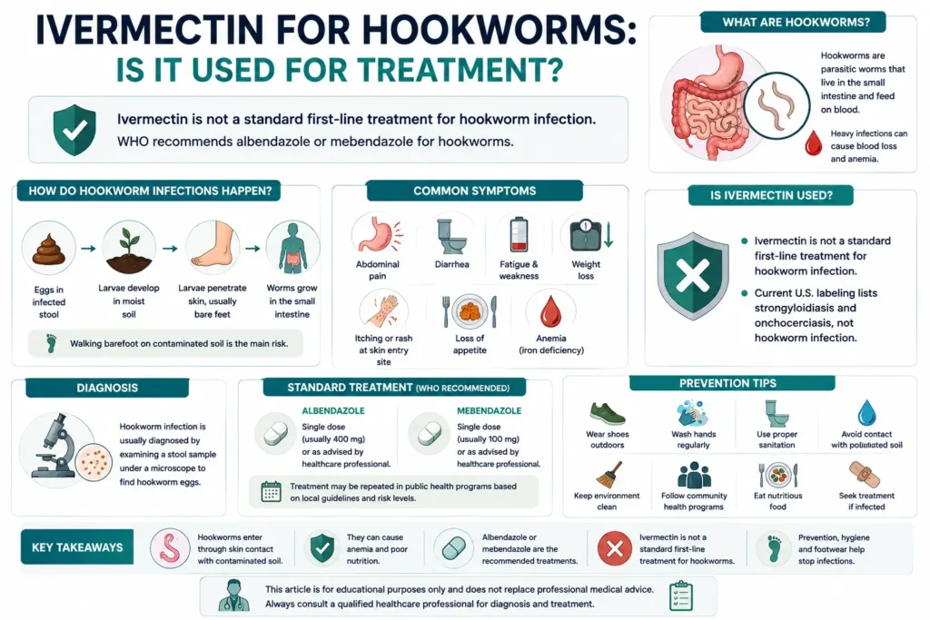 Ivermectin for hookworms infographic showing transmission symptoms diagnosis standard treatment and prevention