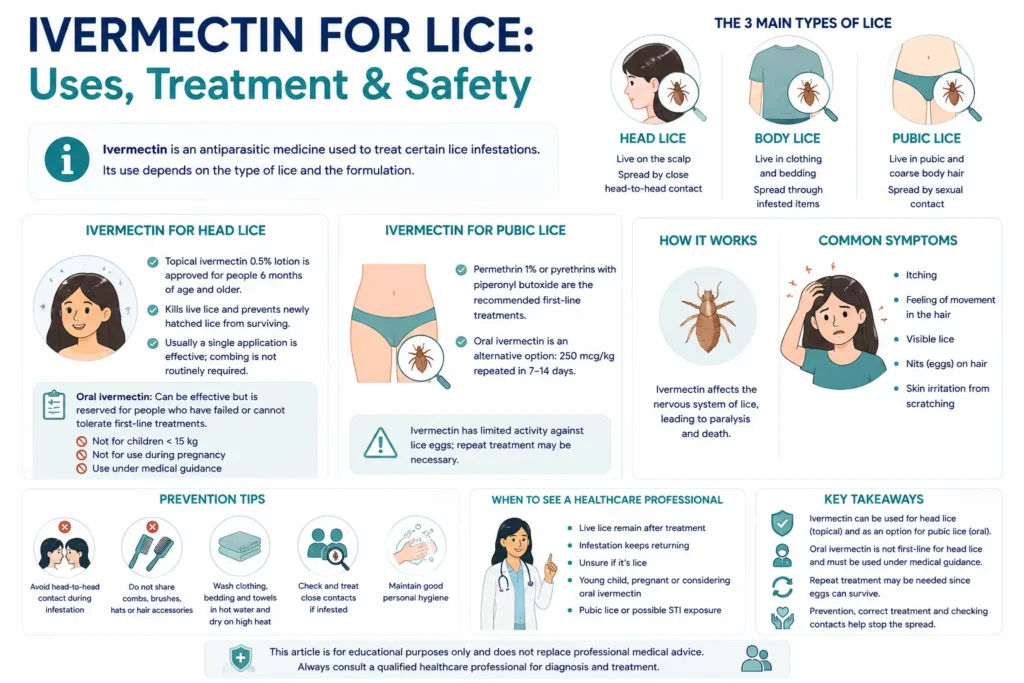 Ivermectin for lice infographic showing head, body and pubic lice, treatment options, symptoms, safety precautions and prevention tips.