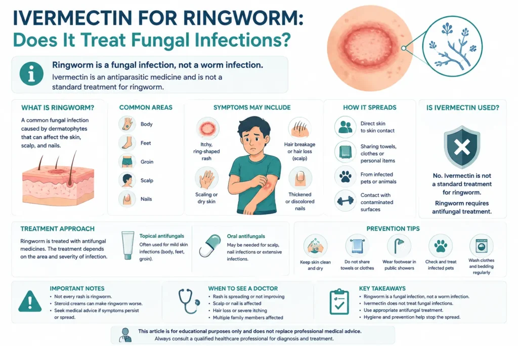 Ivermectin for ringworm infographic explaining that ringworm is a fungal infection, not a worm infection, with symptoms, transmission, antifungal treatment and prevention tips.