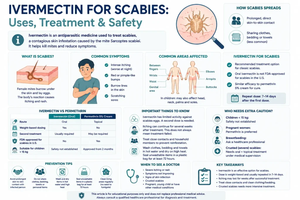 Ivermectin for scabies infographic showing symptoms, affected areas, treatment options, ivermectin versus permethrin, safety precautions and prevention tips.